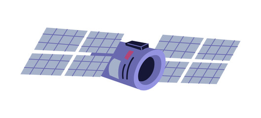 Poster - Artificial satellite exploring and discovering Earth and space, universe and galaxy. Manmade object studying surface of planet. Vector in flat cartoon style