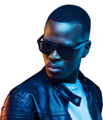 Close-up portrait of stylish black young man, wearing leather jacket and sunglasses