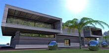 The Backyard Of A Futuristic Country House With Its Own Backyard. Finishing The Facade With Special Composite Energy-efficient Panels. Large Steel Balls On The Lawn As Decoration. 3d Render.
