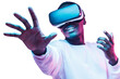 African man in vr glasses, playing video games with virtual reality headset, trying to touch metaverse
