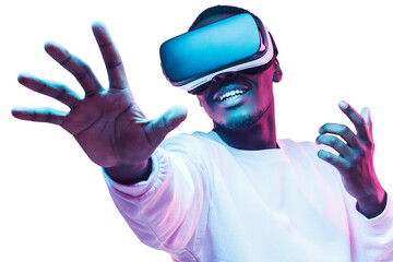 african man in vr glasses, playing video games with virtual reality headset, trying to touch metaver
