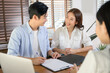 © tonefotografia - Young married couple meeting with female real estate agent or insurance consultant offering promotions , Mortgage, loan, property and medical health insurance concept.