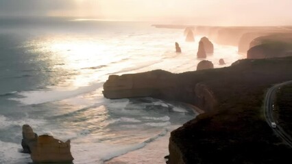 Wall Mural - Famous twelve apostles at sunrise, great ocean road in victoria, australia. Drone viewpoint