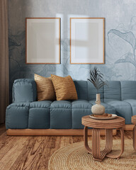 Wall Mural - Frame mockup, farmhouse living room in blue and beige tones. Parquet and rattan furniture, sofa, wallpaper. Vintage interior design