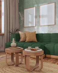 Wall Mural - Frame mockup, wooden living room in green and beige tones. Parquet and rattan furniture, fabric sofa, wallpaper. Farmhouse interior design