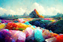 Beeindruckende Landschaft Mit Farbigen Kristallen Bis Zum Horizont.