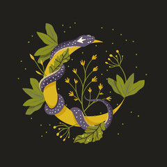 Snake floral background vector snake flower magic art. Mystic moon animal card