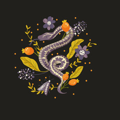 Wall Mural - snake floral background vector snake flower magic art. animal card