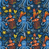 Fototapeta Pokój dzieciecy - Octopus fish summer seamless vector pattern. Kid cartoon cute background.