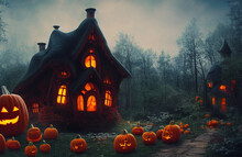 Fairy House And Carved Burning Pumpkins In Forest Halloween Background