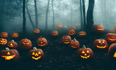 carved burning pumpkins in forest Halloween background