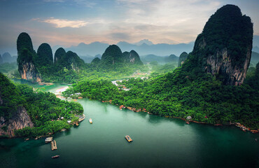 Poster - south east Asia landscape with river and limestone rocks digital illustration