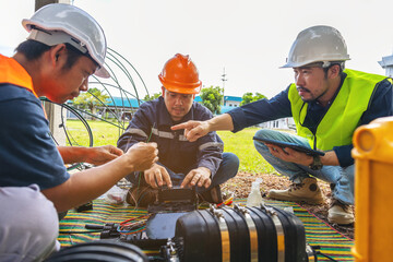 Fusion of Fiber Optics Cable Internet signal splicing and wire connection using equipment, optical line welding machine Optic fiber soldering ISP engineer