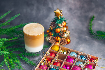 christmas drink cappuccino hot coffee New Year sweet dessert home holiday atmosphere meal food snack on the table copy space food background 