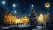 © Aleksandr - Christmas tree city decoration ,Winter Starry night and yellow moon  on sky , snowy town   illumination blurred street light, buidings silhouette abstract banner