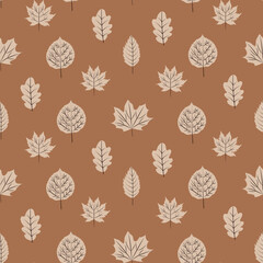 Wall Mural - Beautiful simple  autumn leaves seamless pattern on brown background. For autumn print, textile, fabric and home décor 