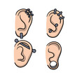 Piercing in ears. Set of different types of women earrings and jewelry. Cartoon illustration