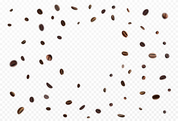 3d falling coffee beans, realistic cafe grain. Abstract seeds in cafeteria design, roasted espresso, agriculture collection. Circle frame for banner backdrop. Vector isolated background