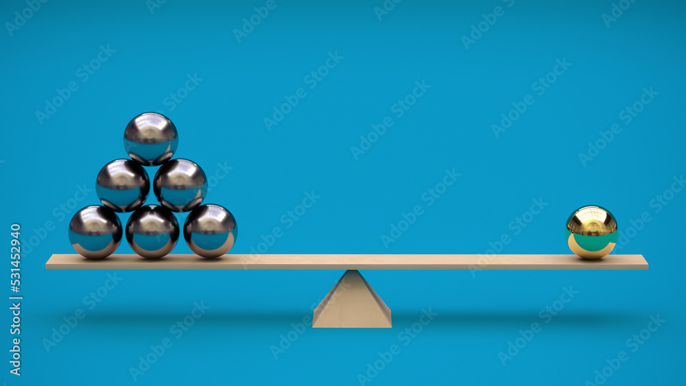 One gilded ball is balanced on a swing by several metal balls. 3D ...