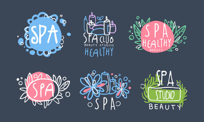 Sticker - Spa, healthy, beauty badges, labels set. Cosmetics store, spa club wellness center, organic health care products logo hand drawn vector