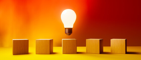 Poster - glowing light bulb with wooden blocks - 3d render