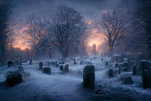 Cemetery Covered By Snow In Winter. Dramatic Sky Background.