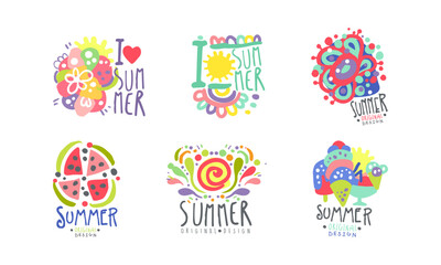 Wall Mural - I love summer colorful hand drawn labels set. Summer holidays, beach vacation, party, restaurant or cafe menu badges vector illustration