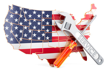 Poster - The United States map with screwdriver and wrench, 3D rendering