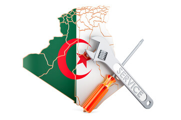 Algerian map with screwdriver and wrench, 3D rendering