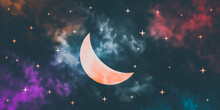 Moon And Stars Concept. Moon And Stars Light In Night. Beautiful Crescent Light View And Stars. Galaxies Are Twinkling Concept. Stars Are Twinkling. Moonlight Concept. Crescent View.