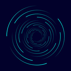 Neon, turquoise, swirly circle, spiral, HUD element. Isolated vector illustration, dark blue background. Asset for overlay, montage, collage. Business, tech concept.