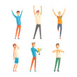 © topvectors - Male athletes celebrating victory with trophies set. Sports competition winners standing with hands raised cartoon vector illustration