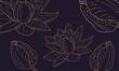 Luxury lotus and tulip gold art deco wallpaper. Nature background vector. Floral pattern with golden flower line art. Vector illustration