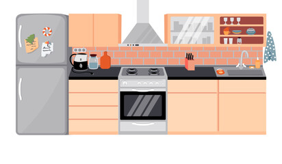 Kitchen with furniture, refrigerator, gas stove and sink isolated on white background.Cozy interior with crockery, jars,electric kettle, cutting board, knives, magnets and notes.Flat cartoon vector.