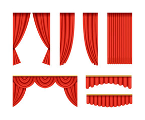 Red silk velvet curtains and draperies set. Luxury interior decor, theater opera stage drapery vector illustration