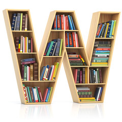 Poster - Letter W in form of bookshelf with book and texbooks. Educational and learning conceptual font and alphabet.