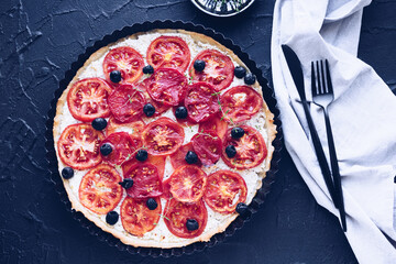 Wall Mural - Vegetable tart with tomatoes, ricotta, black olives and thyme