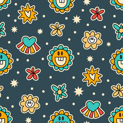 Canvas Print - 70s 80s groovy retro seamless vector pattern. Cartoon heart flower smile retro summer psychedelic funky cute background