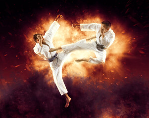 Wall Mural - Martial arts masters. Flame background