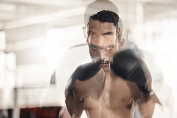 Poster - Boxing, sports and fitness with motion blur and a man boxer training in a gym for health and wellness with special effects. Workout, exercise and fight with a healthy and stong male fighter in gloves