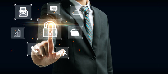 Wall Mural - business man hand touching virtual graphic icon diagram on dark background, cyber internet security, document management system, internet network security, digital and business technology concept