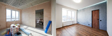 Comparison Of Old Room With Building Tools And New Renovated Room. Photo Collage Of Apartment Before And After Restoration. Concept Of Home Renovation.