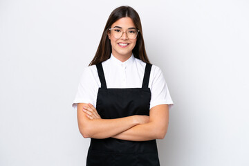 Restaurant Brazilian waiter woman isolated on white background keeping the arms crossed in frontal position