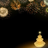 Fototapeta Kuchnia - Golden Christmas tree and colored firework on black sky background.