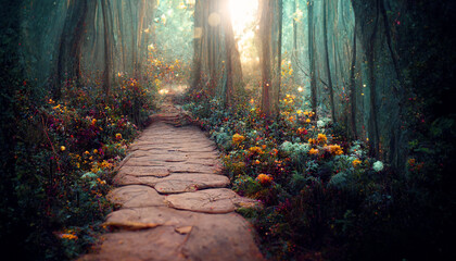 fantasy fabulous wide panoramic photo background with autumnal pine tree forest, summer rose and bluebell campanula flower bush. 3D illustration.background,environment,future imagine.