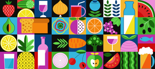 Poster - Abstract geometric food in square tiles. Bauhaus inspiration flat fruits, drinks, vegetables. Restaurant or farm market giant decent vector background