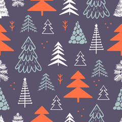 Poster - Christmas tree seamless pattern. Xmas noel season background, holiday decoration cloth print. Doodle grunge fir trees, neoteric vector printable texture