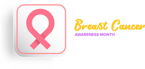 Wall Mural - Breast cancer awareness month concept horizontal banner design template with pink ribbon and text isolated on white background. October is Breast cancer awareness month vector flyer or poster