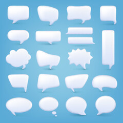 Sticker - White bubble shapes 3d. Different message balloons and squares. Dialogue speech bubbles empty templates. Blank quote or thought pithy chat vector elements