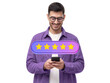 Five star rating icon and male customer giving excellent feedback via phone app